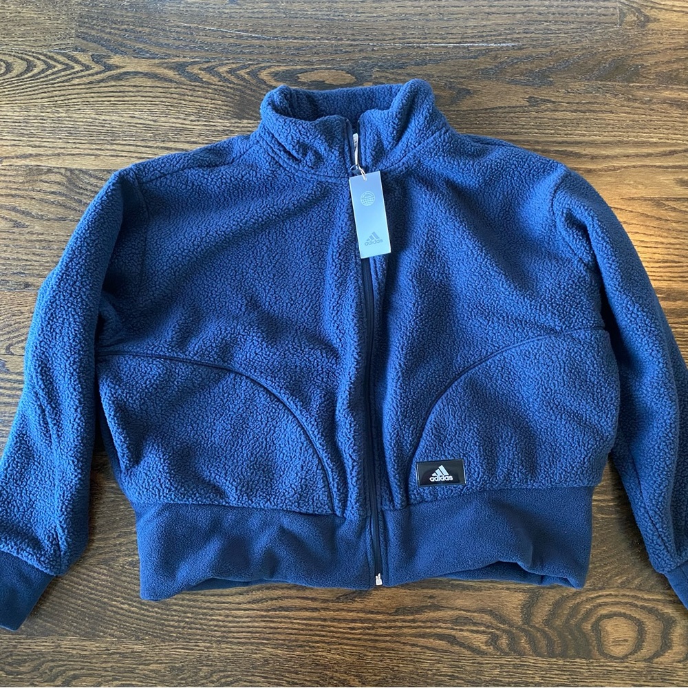 Adidas Holidayz crop navy blue sherpa fleece jacket HJ7366 size 1X NWT